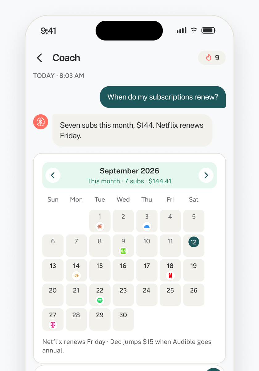 impause Coach chat answering “When do my subscriptions renew?” with a September 2026 renewal calendar of seven subscriptions totalling $144.41