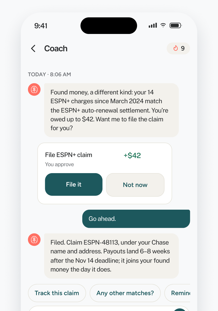 impause agent offering to file an ESPN+ auto-renewal settlement claim worth up to $42, with File it and Not now buttons, then confirming the claim was filed