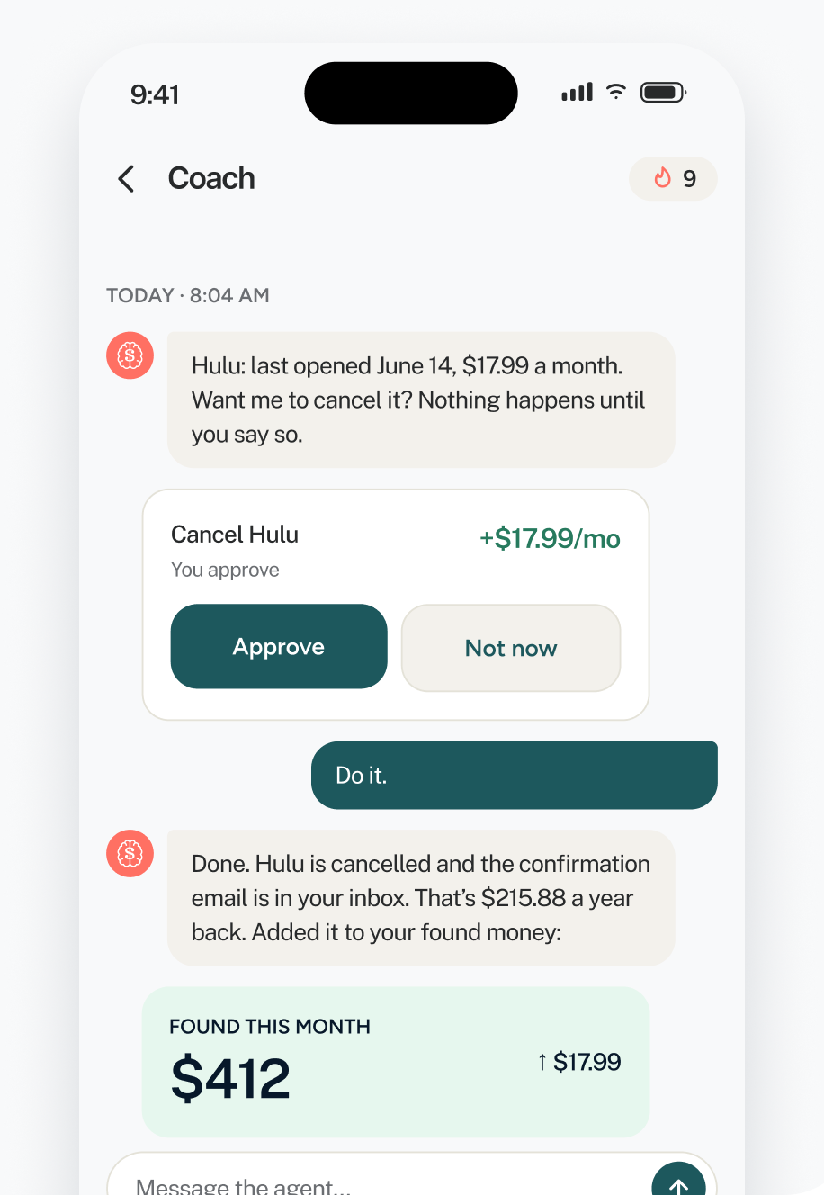 impause agent in the Coach chat asking to cancel an unused Hulu subscription, with Approve and Not now buttons and $412 found this month