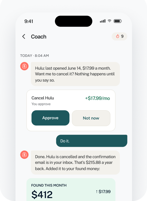 impause agent asking to cancel an unused Hulu subscription, the user replying Do it, and the agent confirming $215.88 a year back